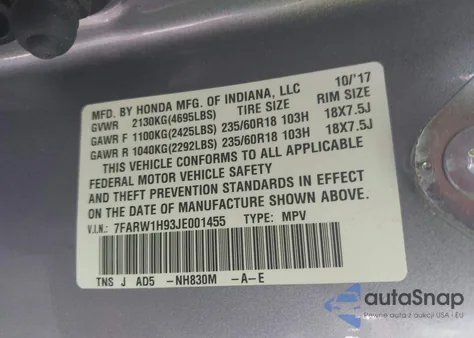 2018 Honda Cr-V Touring z USA, uszkodzony, nr VIN 7FARW1H93JE001455